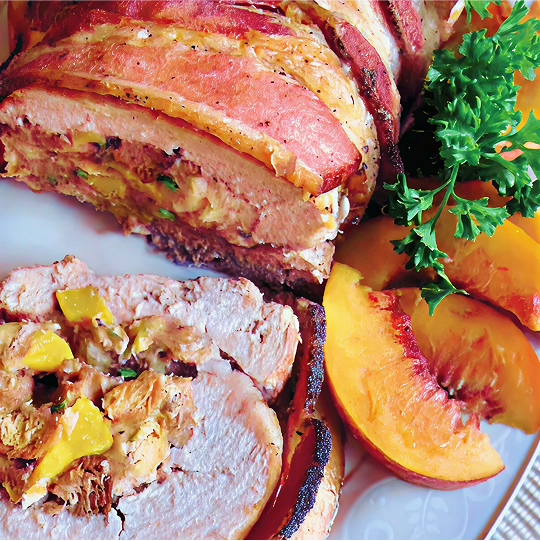 Bacon-Wrapped Pork Loin with Peach & Blue Cheese Stuffing in packaging