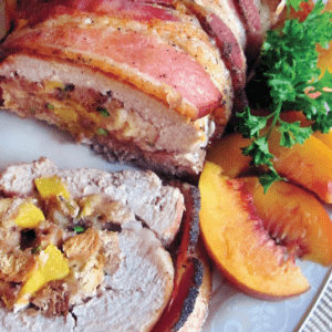 Bacon-Wrapped Pork Loin with Peach & Blue Cheese Stuffing