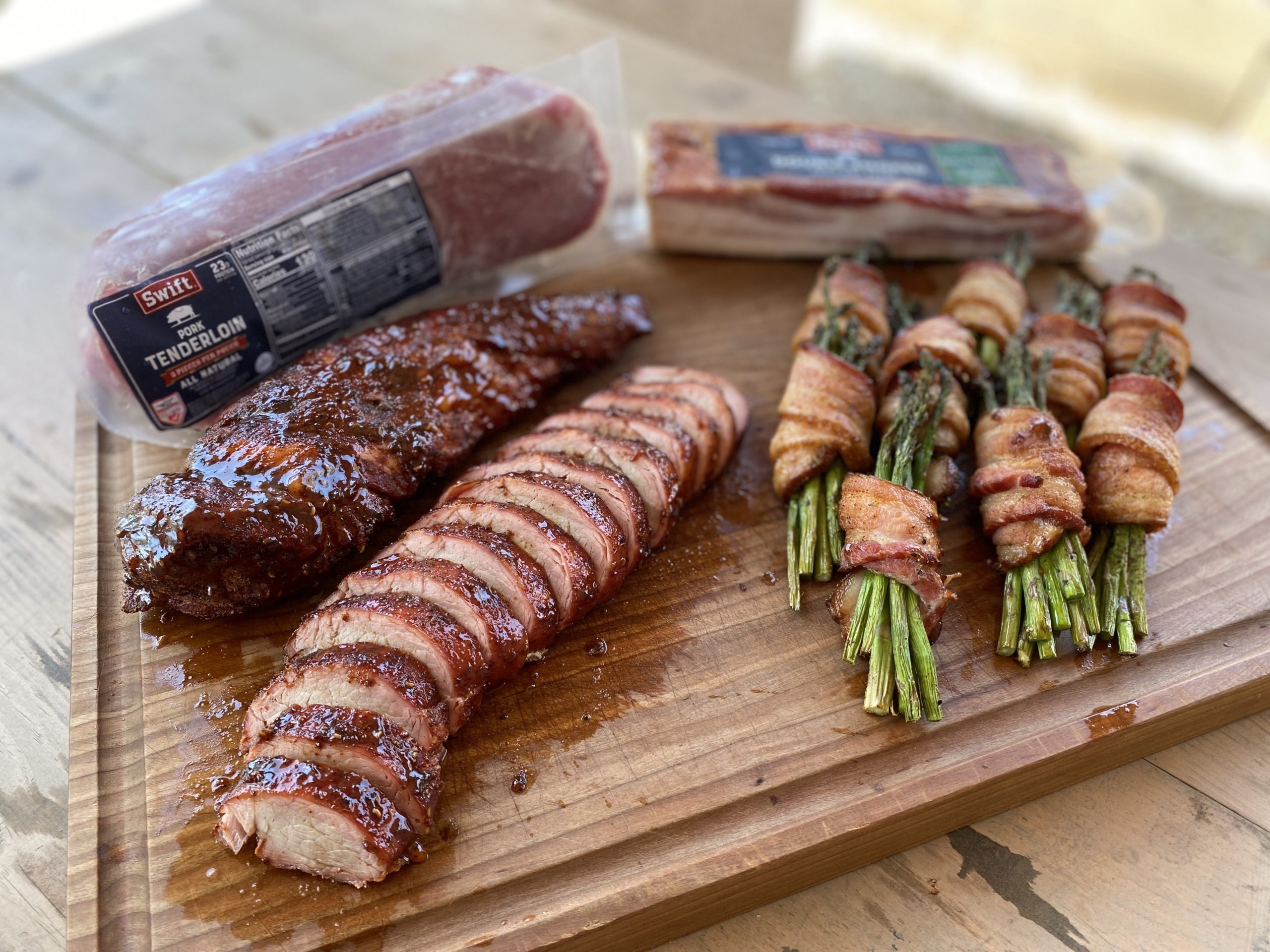 Evan’s Smoked Pork Tenderloin with Bacon-Wrapped Asparagus