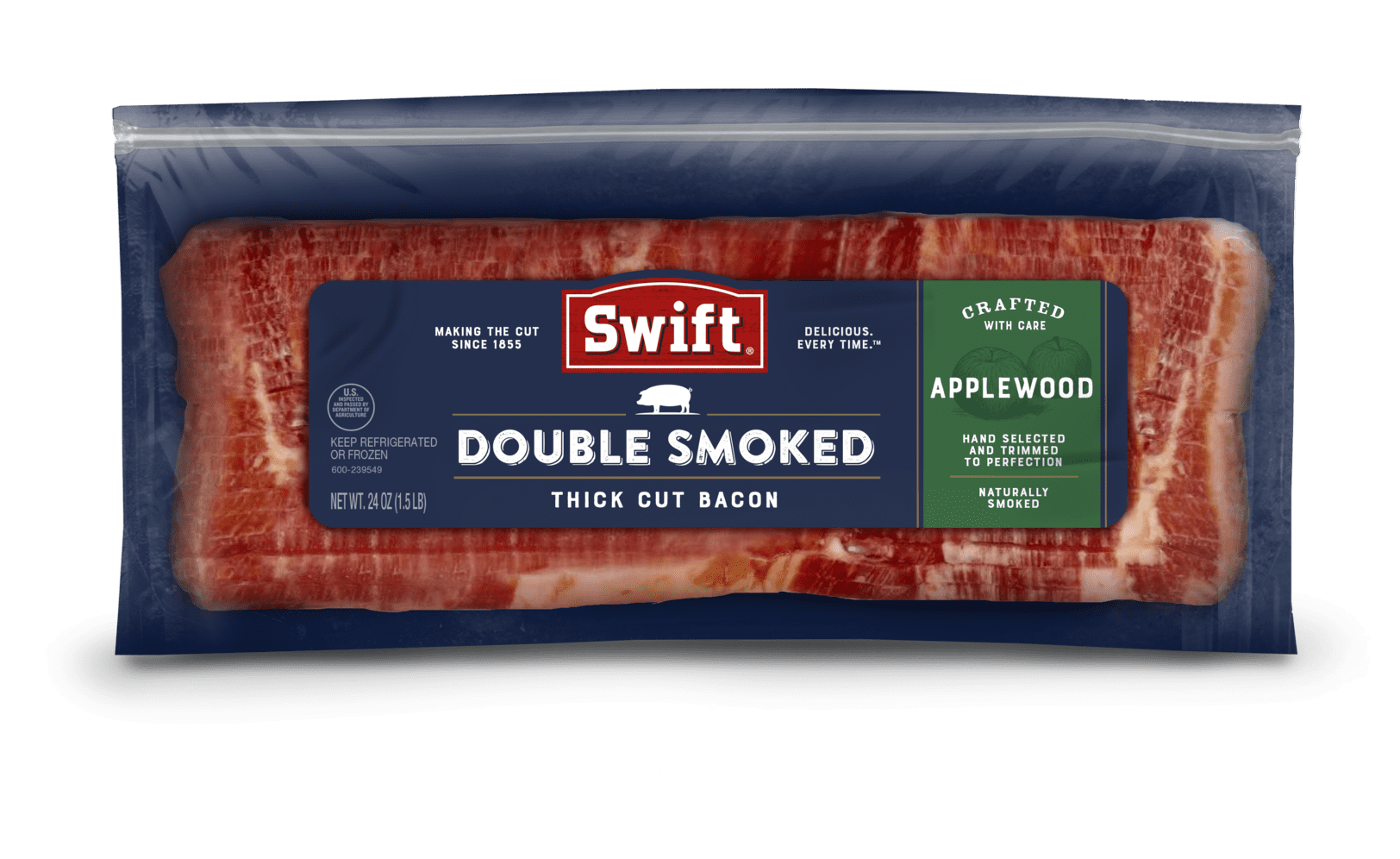 Applewood Double Smoked Thick Cut Bacon in packaging