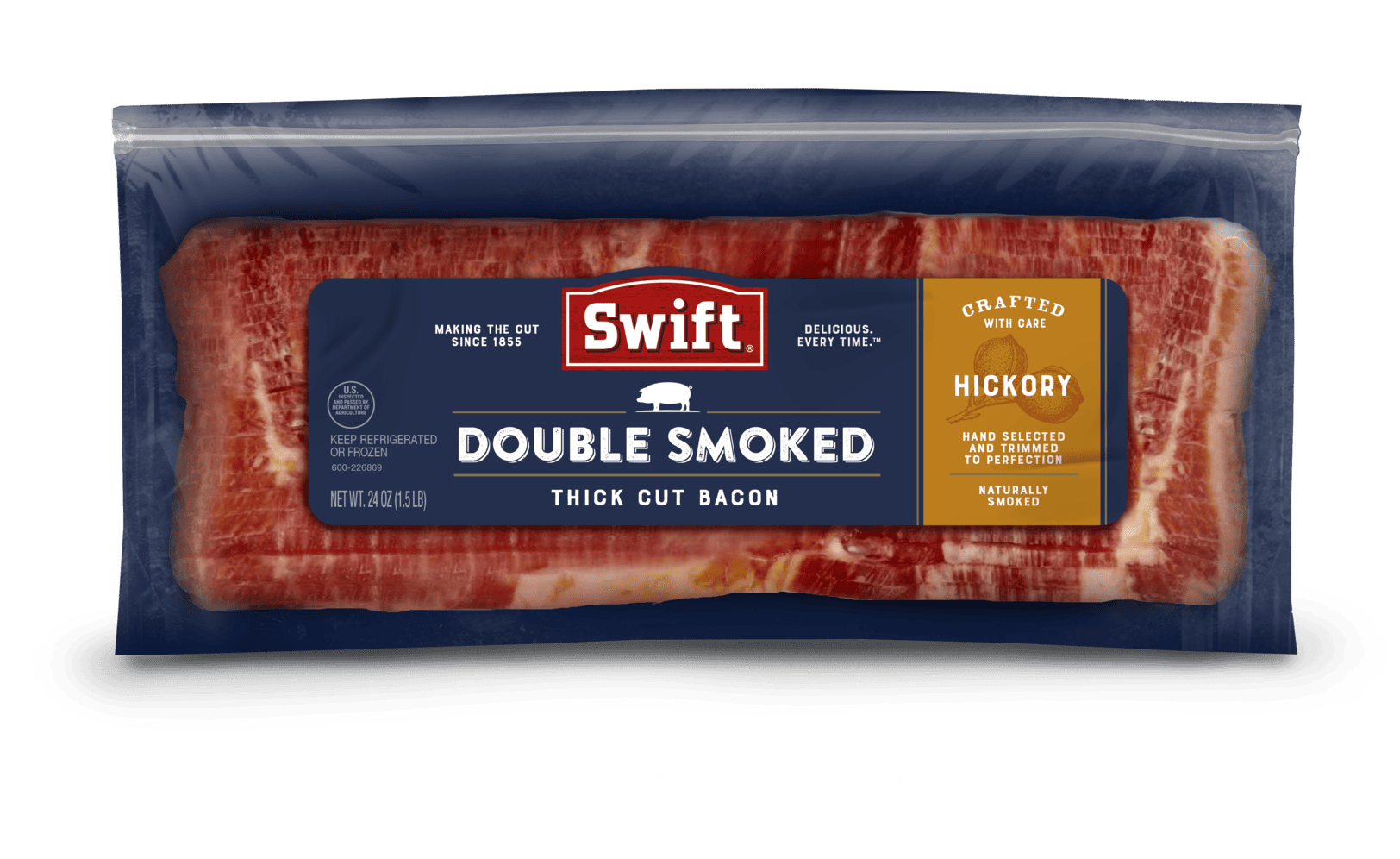 Hickory Double Smoked Thick Cut Bacon in packaging