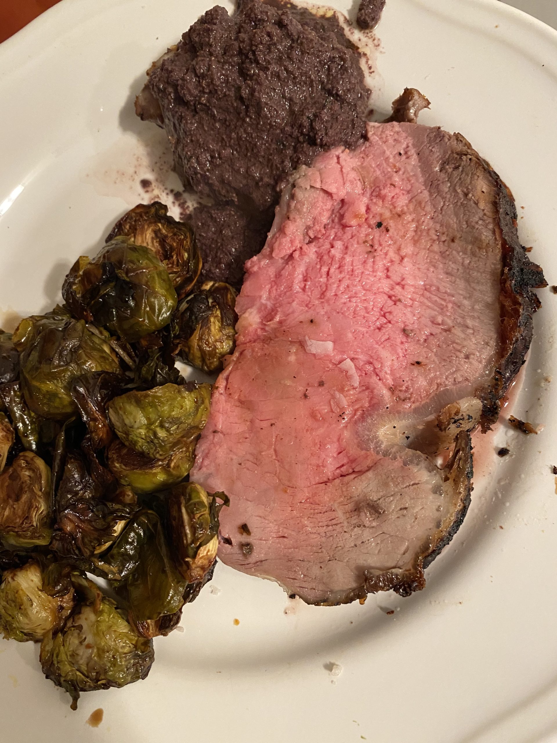 Alice’s Ribeye Roast with Pancetta Brussels Sprouts and Pumpkin Wedges with Coppa Ham