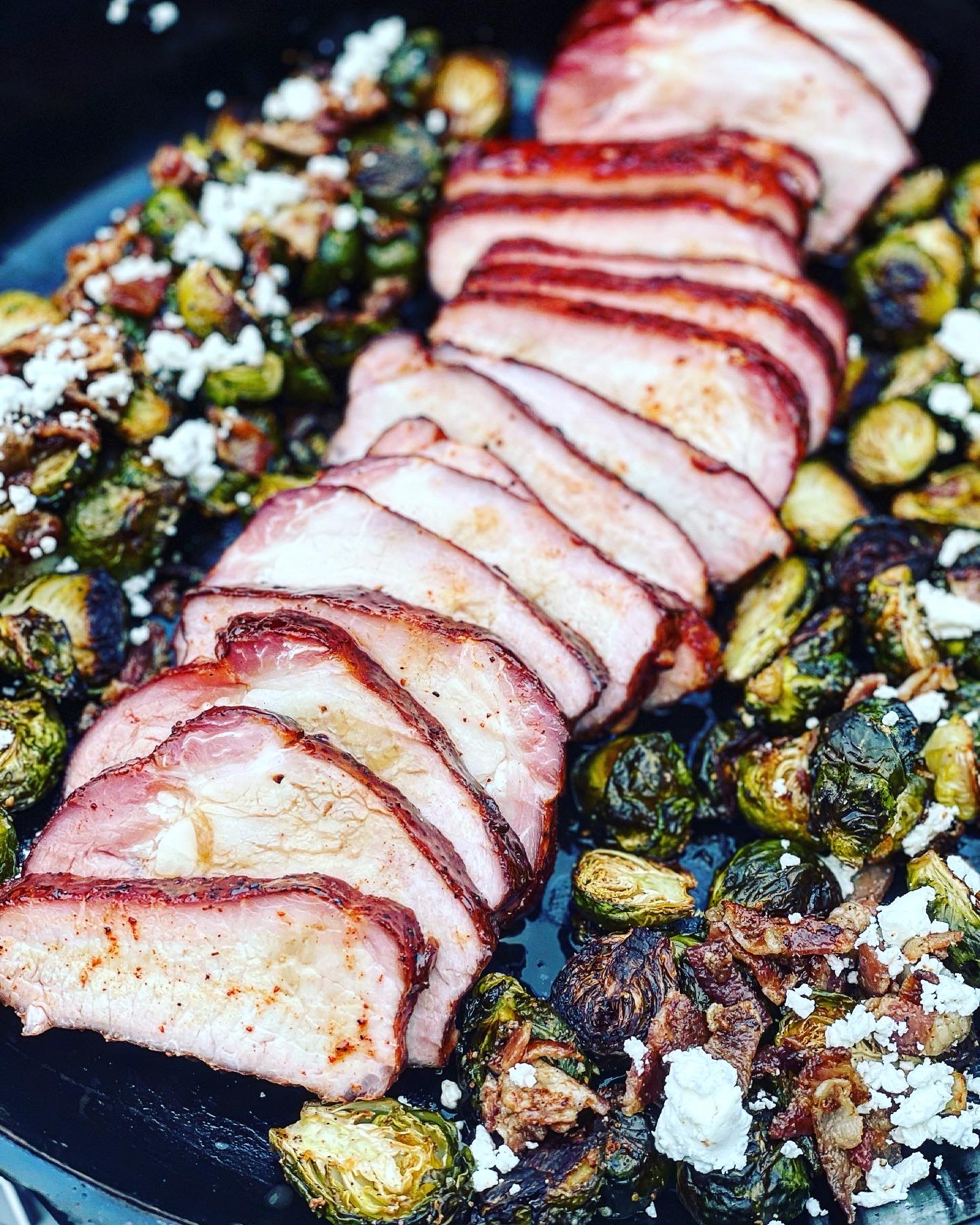 Joe’s Smoked Pork Loin with Candied Bacon Brussels Sprouts with a Balsamic Glaze