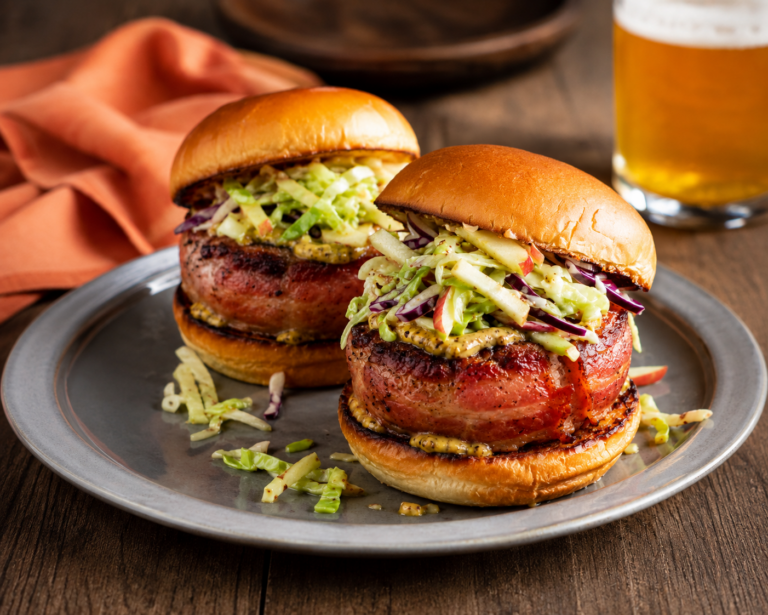 Bacon-Wrapped Pub Sliders with Apple Cabbage Slaw