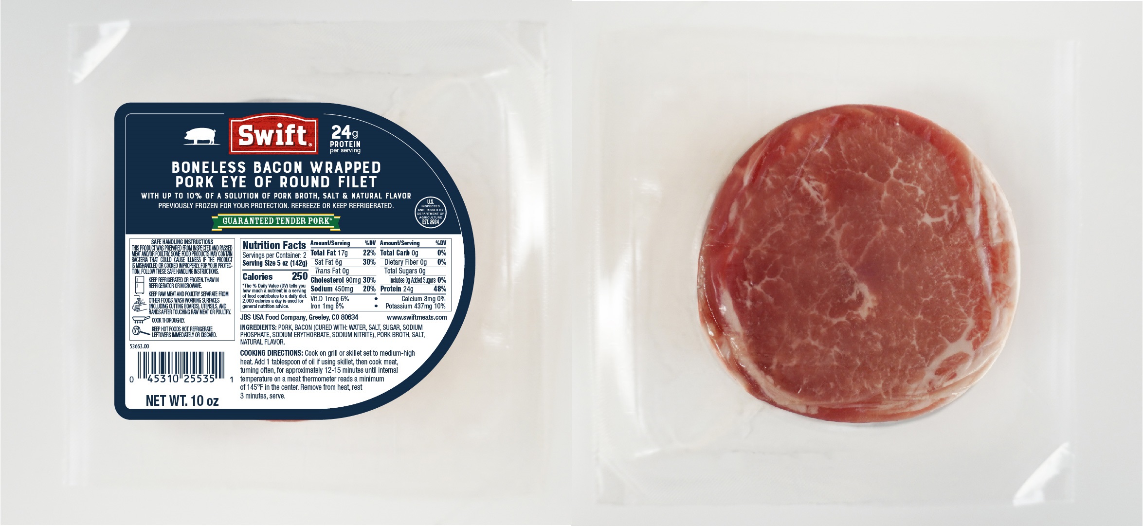 Boneless Bacon Wrapped Pork Eye of Round Filet in packaging