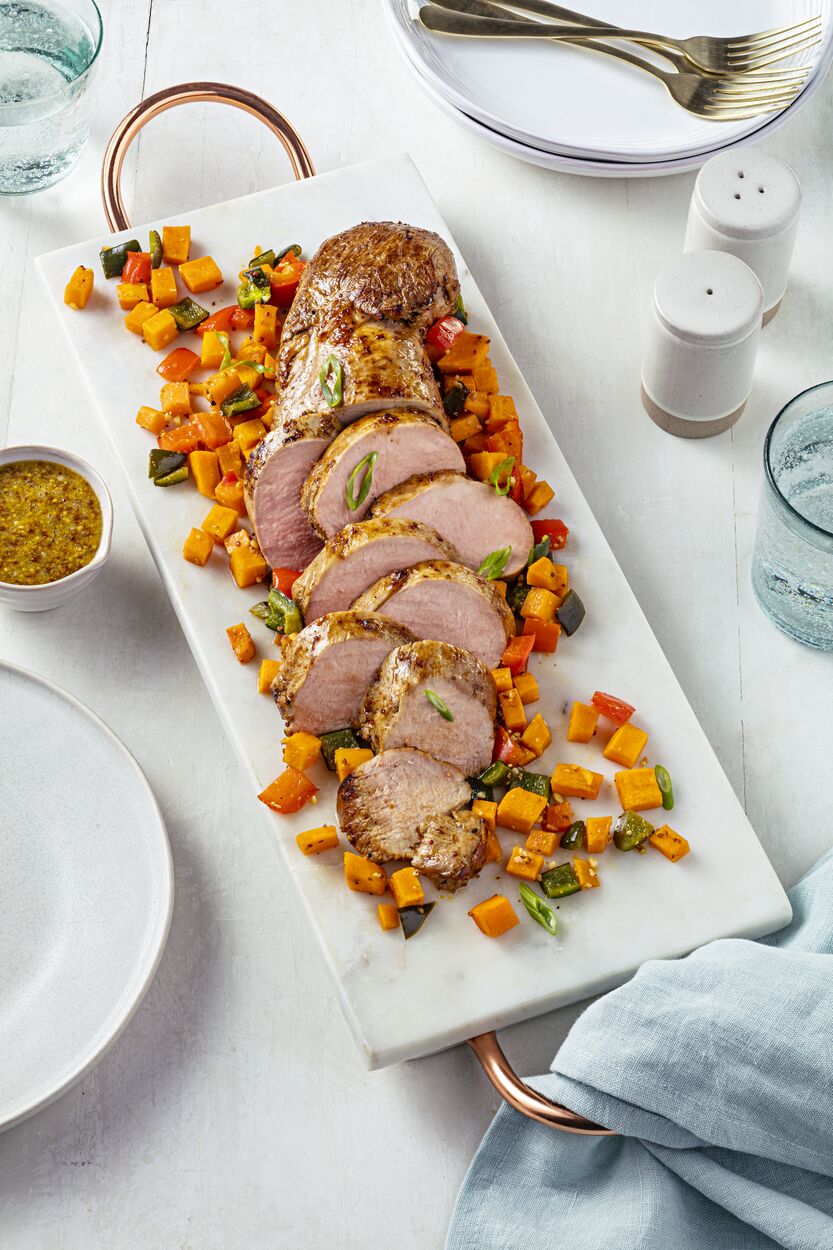 Garlic Dijon Pork Tenderloin with Roasted Sweet Potato and Pepper Jumble in packaging