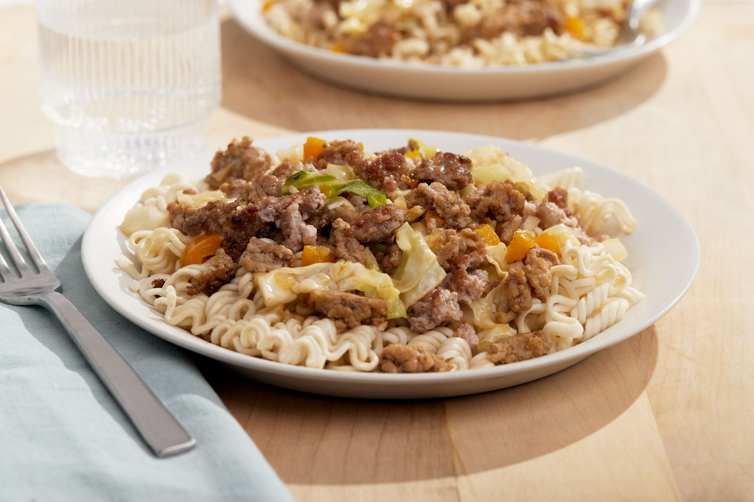 Ground Pork & Cabbage Stir Fry Over Ramen in packaging