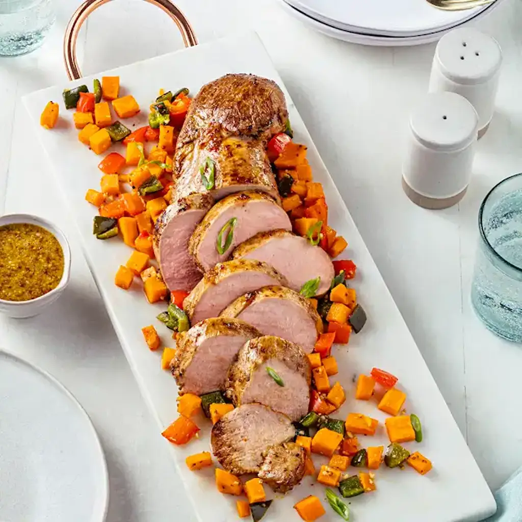 Garlic Dijon Pork Tenderloin with Roasted Sweet Potato and Pepper Jumble