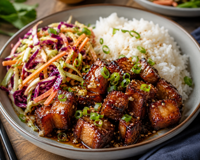 Honey Soy Garlic Candied Pork Belly Bites with Jasmine Rice & Asian Slaw